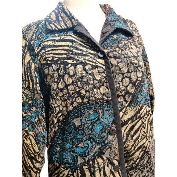 Womens L Jacket Reversible Jacquard Brocade Black Gold Blue Boho 90s Vintage - Picture 15 of 16